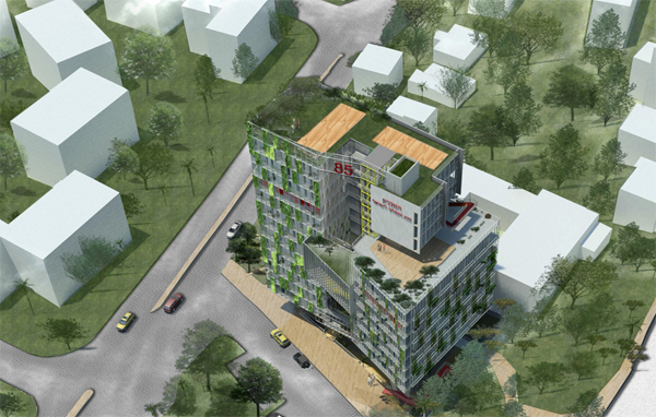 המבנה כולל שטחים ירוקים והצללות. אלי קרמר, שירי מוטס לוין ו-FAB314AW