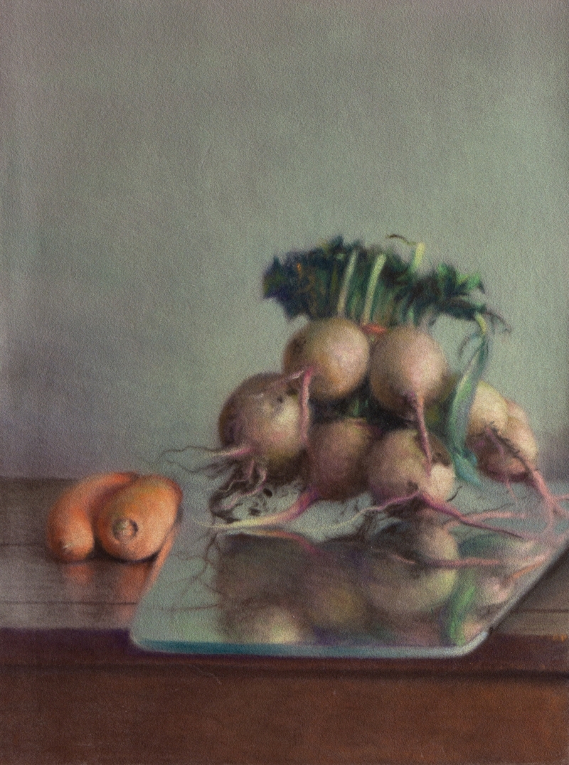 Turnips and carrots, 32x24, pastel on paper, David Nipo, 2021Photo Credit : Elisha Nipo